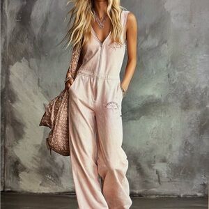 Sleeveless Zip-Front Wide-Leg Jumpsuit in Blush Pink